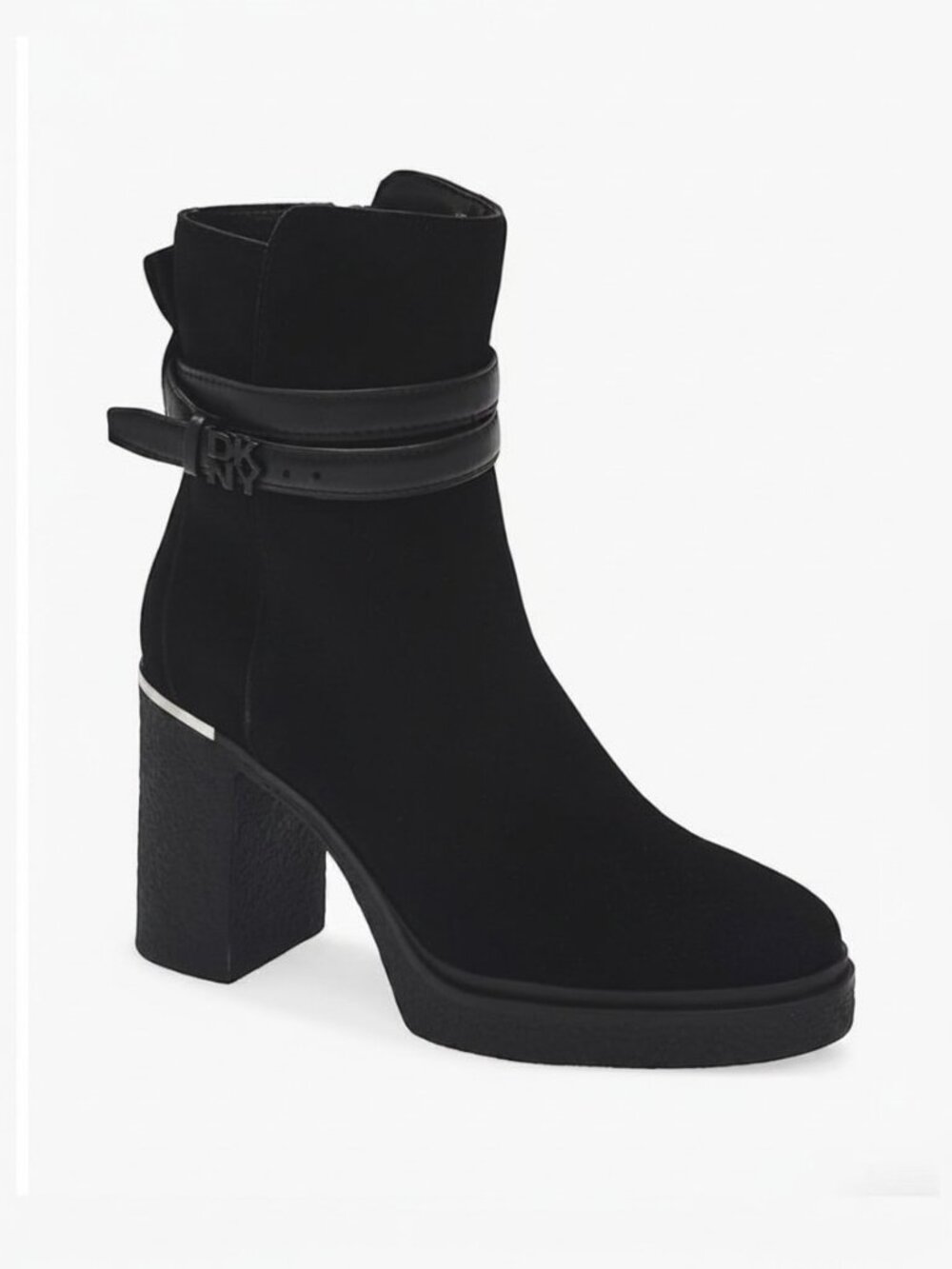 DKNY Black Suede Platform Ankle Boots with Logo Strap Sz: 7.5